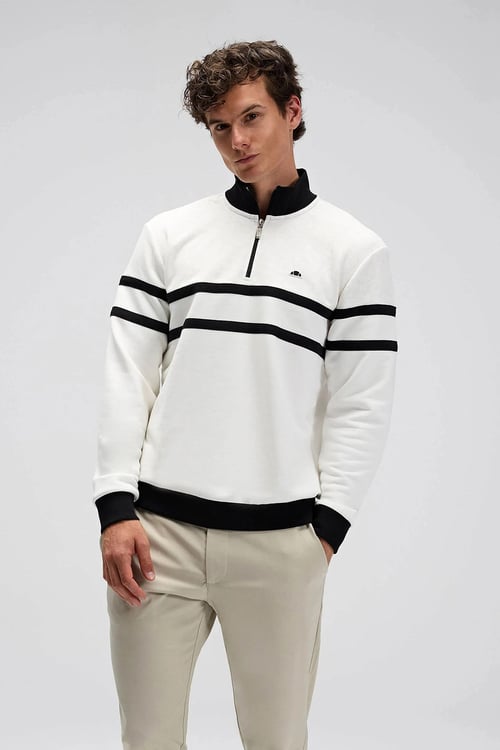 Şeritli Pamuklu Regular Fit Yarım Fermuarlı Dik Yaka Erkek Sweat EM619-OF BEYAZ