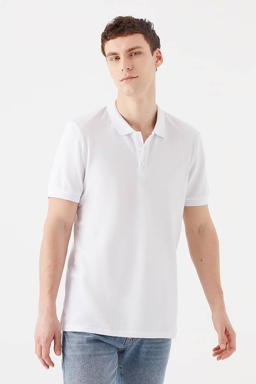 Slim Fit % 100 Pamuk Düğmeli Polo T Shirt Erkek Polo Yaka T Shirt 064946-27879 BEYAZ