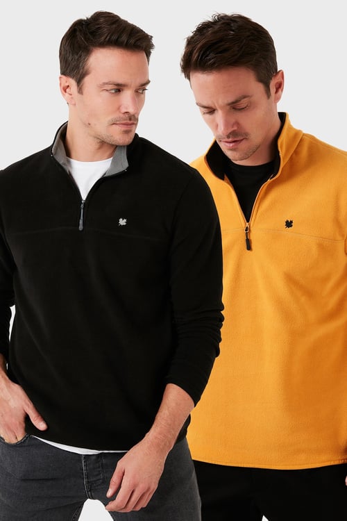 Slim Fit Anti-Pilling Tüylenme Yapmayan Şardonlu Soğuk Geçirmez  2'li Paket Erkek Polar 5906001S2 HARDAL-SİYAH