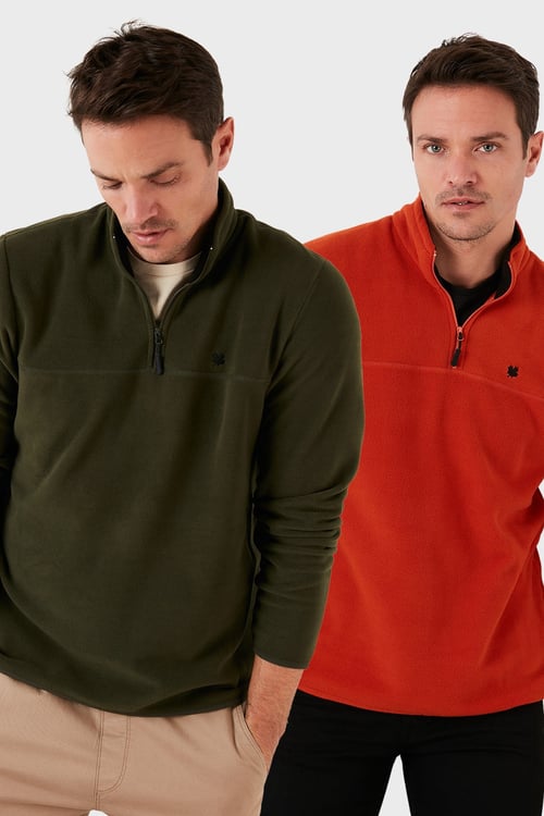 Slim Fit Anti-Pilling Tüylenme Yapmayan Şardonlu Soğuk Geçirmez  2'li Paket Erkek Polar 5906001S2 Haki-Oranj
