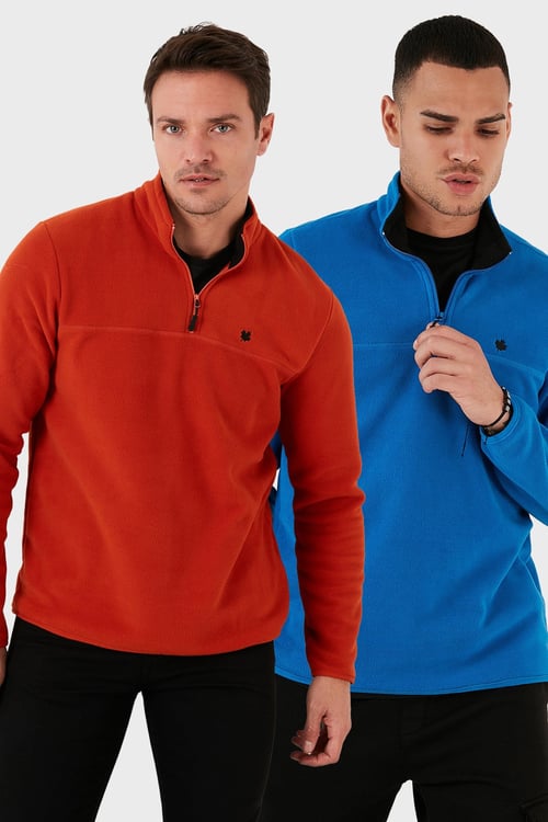 Slim Fit Anti-Pilling Tüylenme Yapmayan Şardonlu Soğuk Geçirmez  2'li Paket Erkek Polar 5906001S2 ORANJ-SAKS