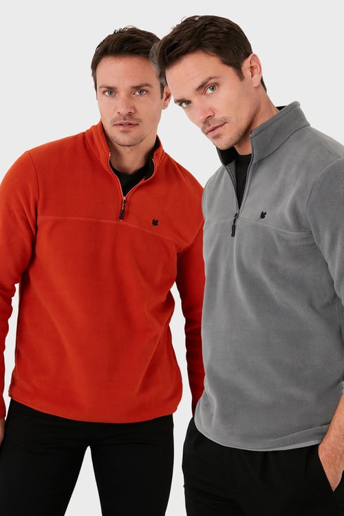 Slim Fit Anti-Pilling Tüylenme Yapmayan Şardonlu Soğuk Geçirmez  2'li Paket Erkek Polar 5906001S2 GRİ-ORANJ