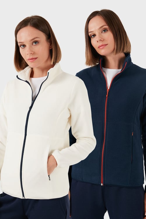 Slim Fit Anti-Pilling Tüylenme Yapmayan Fermuarlı 2'li Paket Polar Kadın Hırka 5907012S2 EKRU-LACİVERT