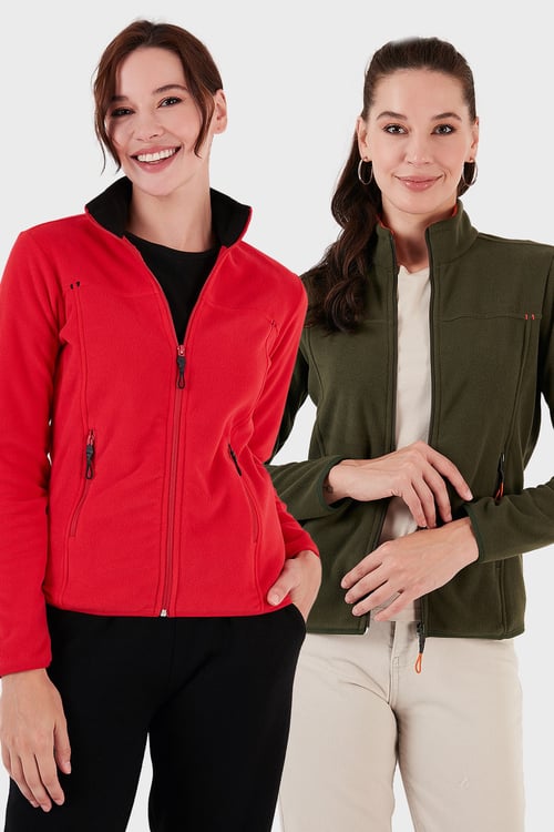 Slim Fit Anti-Pilling Tüylenme Yapmayan Fermuarlı Cepli Hırka 2' li Paket Kadın Polar 5907002S2 Kırmızı-Haki