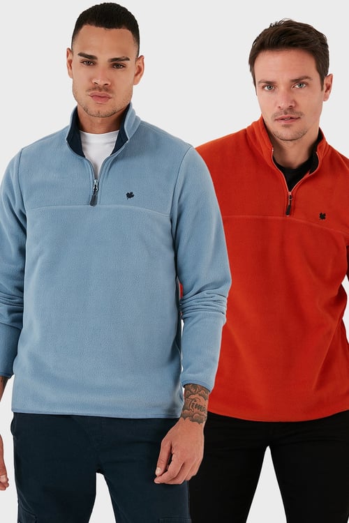 Slim Fit Anti-Pilling Tüylenme Yapmayan Şardonlu Soğuk Geçirmez  2'li Paket Erkek Polar 5906001S2 Açık Mavi-Orange