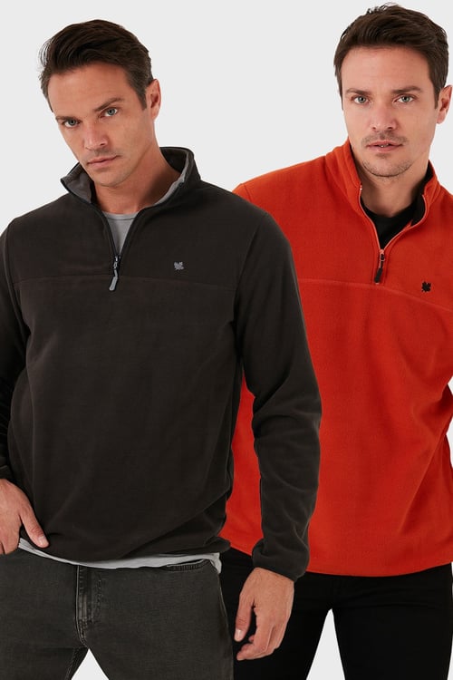 Slim Fit Anti-Pilling Tüylenme Yapmayan Şardonlu Soğuk Geçirmez  2'li Paket Erkek Polar 5906001S2 ORANGE-ANTRASİT