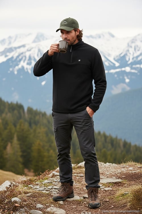 Slim Fit Anti-Pilling Tüylenme Yapmayan Bato Yaka Kışlık Şardonlu Erkek Polar 5906001 SİYAH