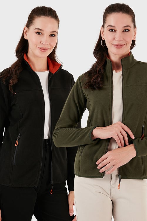Slim Fit Anti-Pilling Tüylenme Yapmayan Fermuarlı Cepli Hırka 2' li Paket Kadın Polar 5907002S2 HAKİ-SİYAH