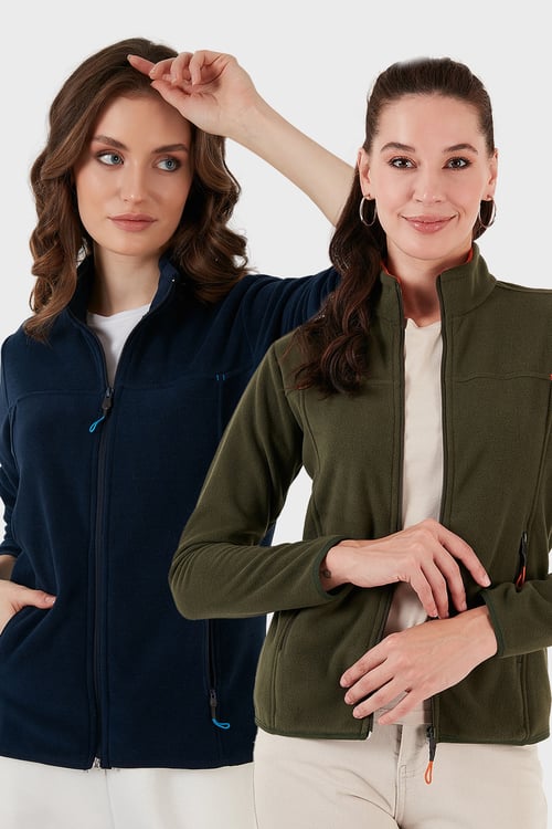 Slim Fit Anti-Pilling Tüylenme Yapmayan Fermuarlı Cepli Hırka 2' li Paket Kadın Polar 5907002S2 HAKİ-LACİVERT
