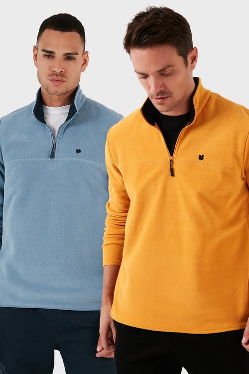 Slim Fit Anti-Pilling Tüylenme Yapmayan Şardonlu Soğuk Geçirmez  2'li Paket Erkek Polar 5906001S2 Açık Mavi-Hardal