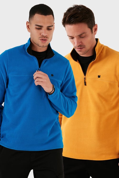 Slim Fit Anti-Pilling Tüylenme Yapmayan Şardonlu Soğuk Geçirmez  2'li Paket Erkek Polar 5906001S2 Hardal-Saks