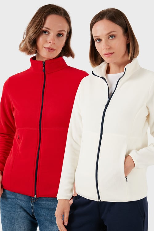 Slim Fit Anti-Pilling Tüylenme Yapmayan Fermuarlı 2'li Paket Polar Kadın Hırka 5907012S2 EKRU-KIRMIZI