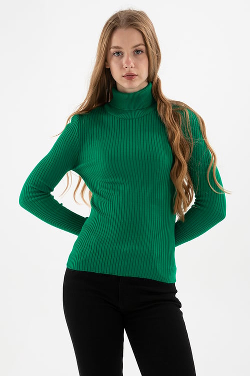 Slim Fit Balıkçı Yaka Fitilli Triko Kadın Kazak 24K0288K1 YEŞİL