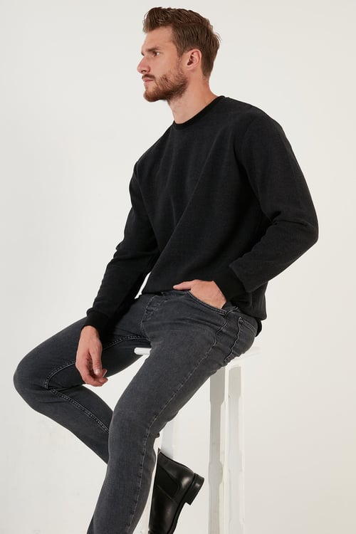 Slim Fit Bisiklet Yaka Pamuklu Erkek Kazak 4562013W4 ANTRASİT