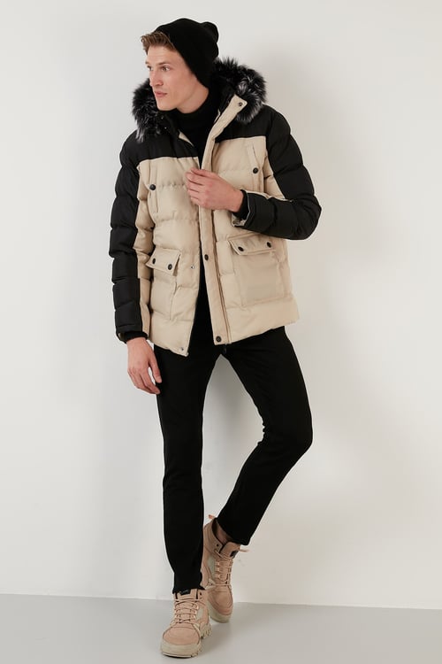 Slim Fit Çıkarılabilir Suni Tüylü Kapüşonlu Şişme Erkek Mont 5760076 SİYAH-TAŞ