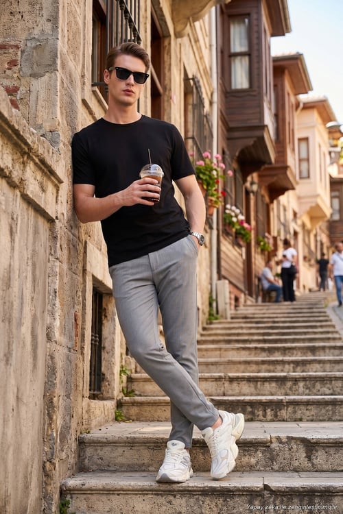 Slim Fit Dar Paça Bağlamalı Erkek Pantolon 6843657 GRİ