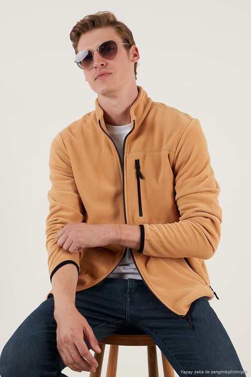 Slim Fit Fermuarlı Cepli Dik Yaka Soğuk Geçirmez Polar Erkek Hırka 5906028 VİZON