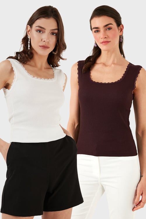 Slim Fit Kalın Dantelli Kare Yaka Bürümcük 2'li Paket Kadın Atlet 5864979S2 EKRU-VİŞNE