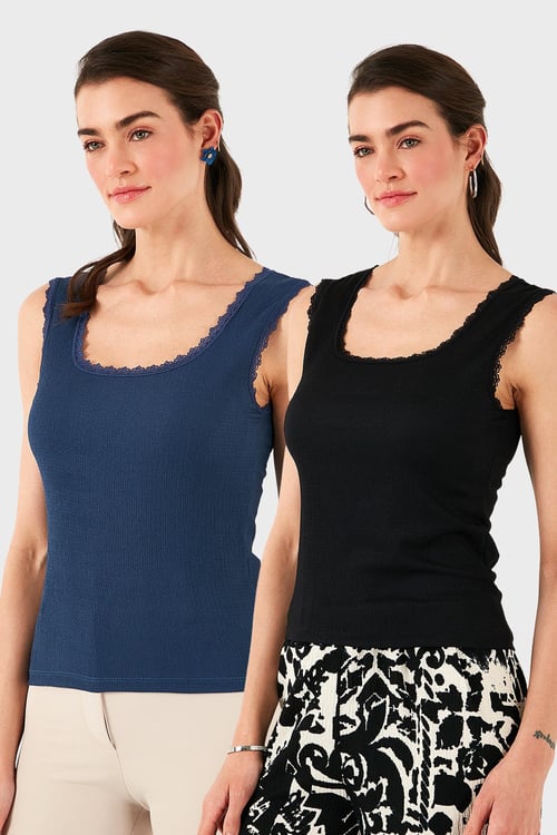 Slim Fit Kalın Dantelli Kare Yaka Bürümcük 2'li Paket Kadın Atlet 5864979S2 SİYAH-İNDİGO