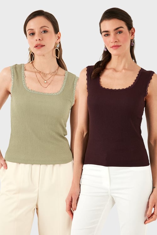 Slim Fit Kalın Dantelli Kare Yaka Bürümcük 2'li Paket Kadın Atlet 5864979S2 Olive-VİŞNE