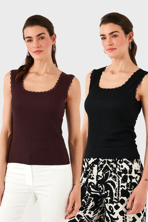 Slim Fit Kalın Dantelli Kare Yaka Bürümcük 2'li Paket Kadın Atlet 5864979S2 SİYAH-VİŞNE
