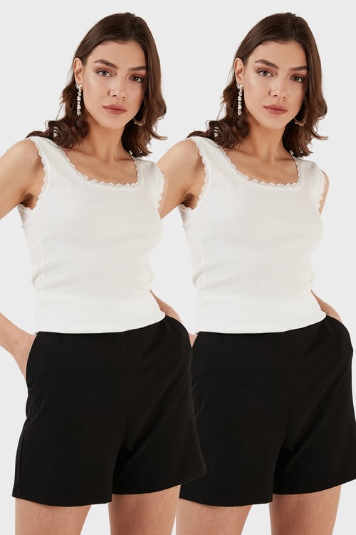 Slim Fit Kalın Dantelli Kare Yaka Bürümcük 2'li Paket Kadın Atlet 5864979S2 EKRU-EKRU