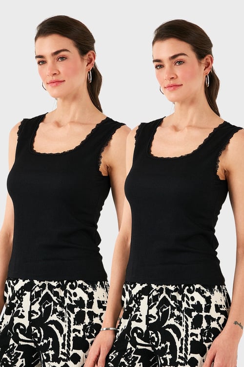 Slim Fit Kalın Dantelli Kare Yaka Bürümcük 2'li Paket Kadın Atlet 5864979S2 SİYAH-SİYAH