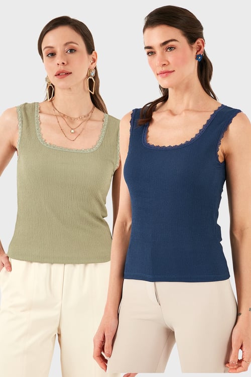 Slim Fit Kalın Dantelli Kare Yaka Bürümcük 2'li Paket Kadın Atlet 5864979S2 Olive-İNDİGO
