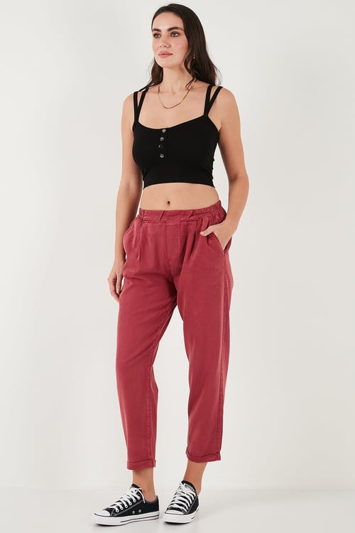 Slim Fit Normal Bel Boru Paça Kadın Pantolon 668YP5372 BORDO