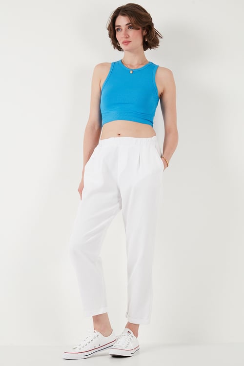 Slim Fit Normal Bel Boru Paça Kadın Pantolon 668YP5372 BEYAZ