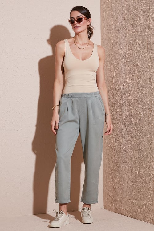 Slim Fit Normal Bel Boru Paça Kadın Pantolon 668YP5372 AÇIK HAKİ