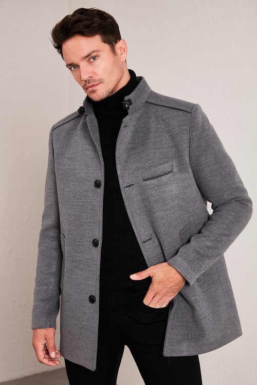 Slim Fit Pamuklu Kaşe Erkek Kaban 5841012 AÇIK GRİ