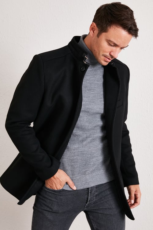 Slim Fit Pamuklu Kaşe Erkek Kaban 5841012 SİYAH