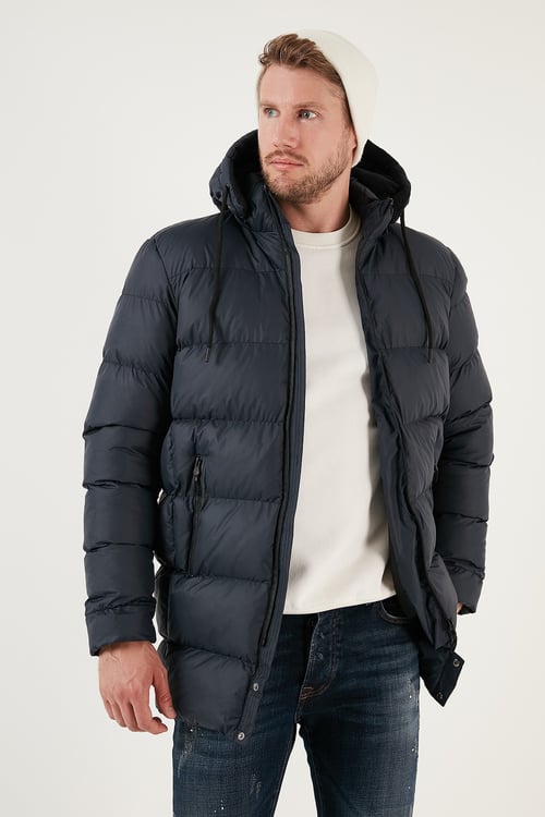 Slim Fit Suya ve Rüzgara Dayanıklı Çıkarılabilir Kapüşonlu Şişme Erkek Mont 649009 LACİVERT