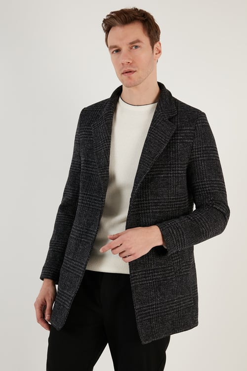 Slim Fit Tek Yırtmaçlı Düğmeli Astarlı Kaşe Erkek Kaban 5840110E Antrasit Ekoseli