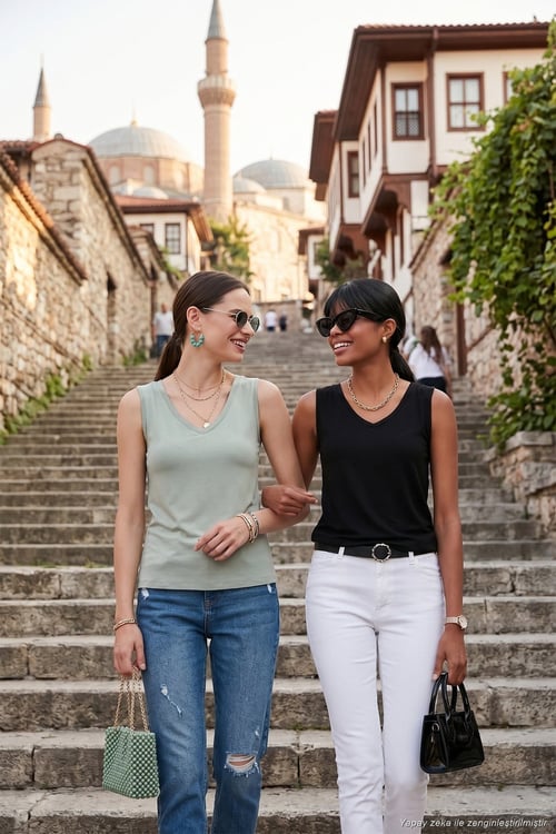 Slim Fit V Yaka Kalın Askılı 2' li Paket Kadın Bluz 5864384S2 SİYAH-ÇAĞLA