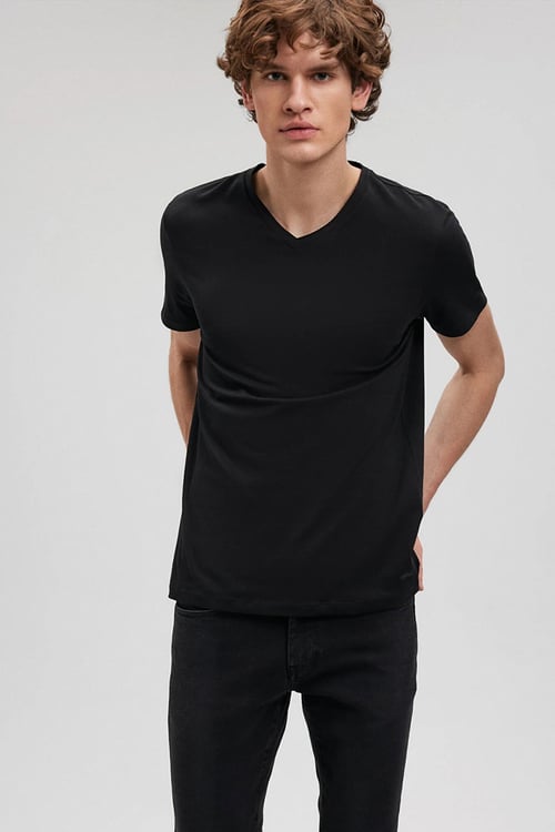 Slim Fit V Yaka Pamuklu Erkek T Shirt 061748-900 SİYAH