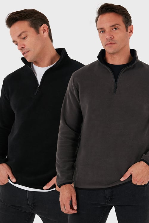 Slim Fit Yarım Fermuarlı Dik Yaka Soğuk Geçirmez 2'li Paket Erkek Polar 5906003S2 FÜME-SİYAH