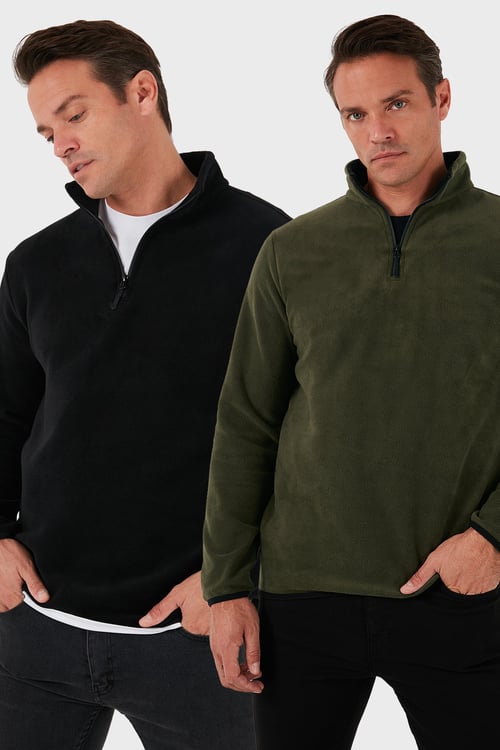 Slim Fit Yarım Fermuarlı Dik Yaka Soğuk Geçirmez 2'li Paket Erkek Polar 5906003S2 HAKİ-SİYAH