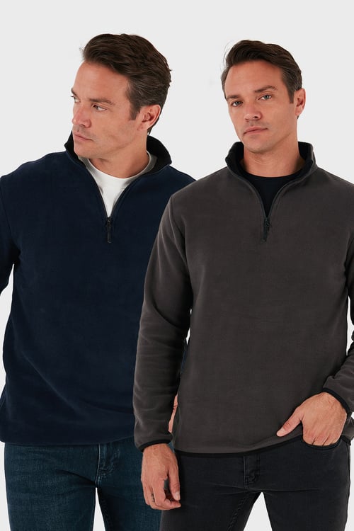 Slim Fit Yarım Fermuarlı Dik Yaka Soğuk Geçirmez 2'li Paket Erkek Polar 5906003S2 FÜME-LACİVERT