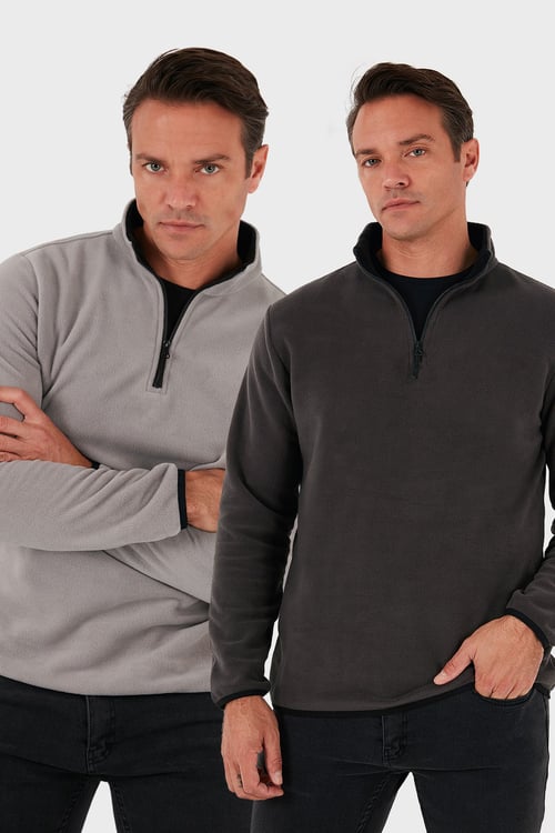 Slim Fit Yarım Fermuarlı Dik Yaka Soğuk Geçirmez 2'li Paket Erkek Polar 5906003S2 GRİ-FÜME