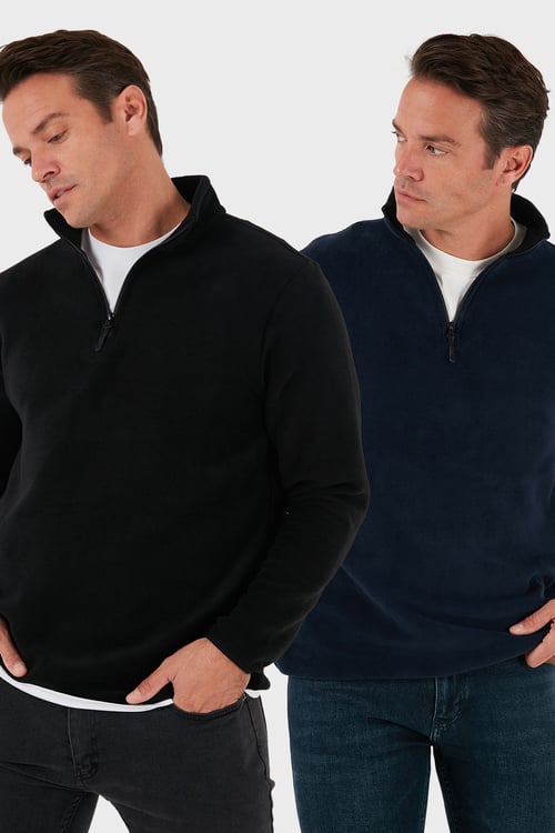 Slim Fit Yarım Fermuarlı Dik Yaka Soğuk Geçirmez 2'li Paket Erkek Polar 5906003S2 LACİVERT-SİYAH