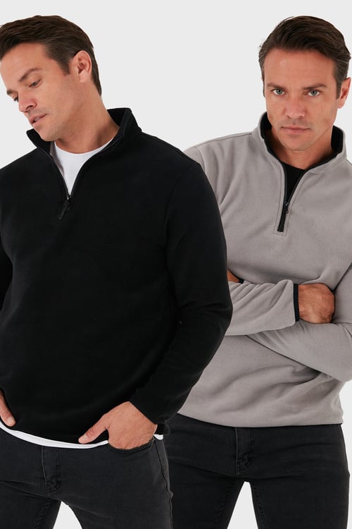 Slim Fit Yarım Fermuarlı Dik Yaka Soğuk Geçirmez 2'li Paket Erkek Polar 5906003S2 GRİ-SİYAH
