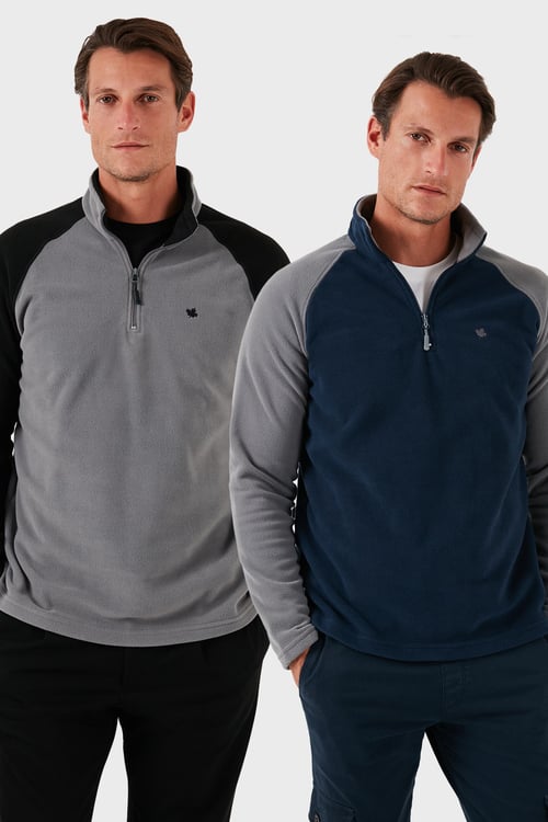 Slim Fit Yarım Fermuarlı Soğuk Geçirmez Şardonlu 2'li Paket Erkek Polar 5906055S2 GRİ-LACİVERT
