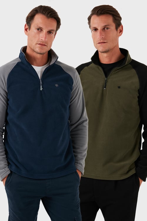 Slim Fit Yarım Fermuarlı Soğuk Geçirmez Şardonlu 2'li Paket Erkek Polar 5906055S2 HAKİ-LACİVERT