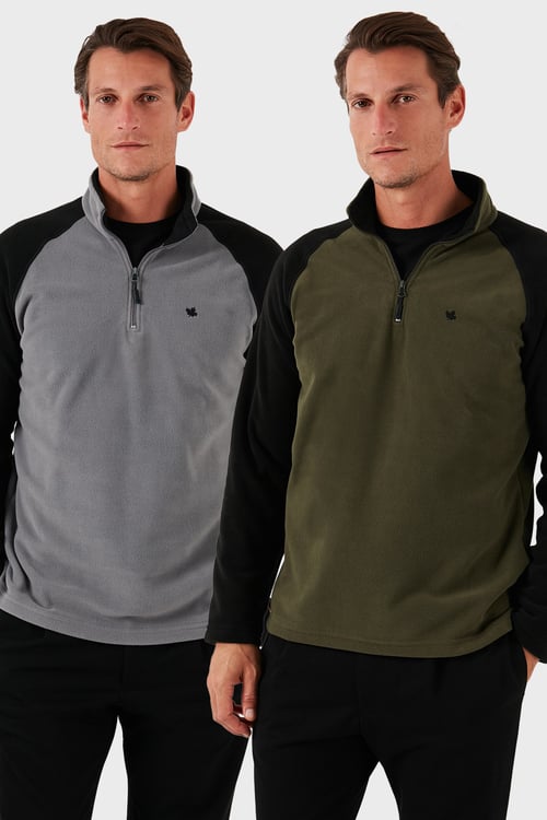 Slim Fit Yarım Fermuarlı Soğuk Geçirmez Şardonlu 2'li Paket Erkek Polar 5906055S2 GRİ-HAKİ