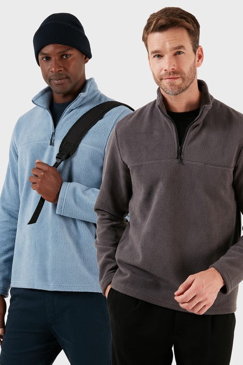 Slim Fit Yarım Fermuarlı Yumuşak Dokulu Şardonlu Soğuk Geçirmez 2'li Paket Erkek Polar 59060011S2 Füme-Koyu Mavi