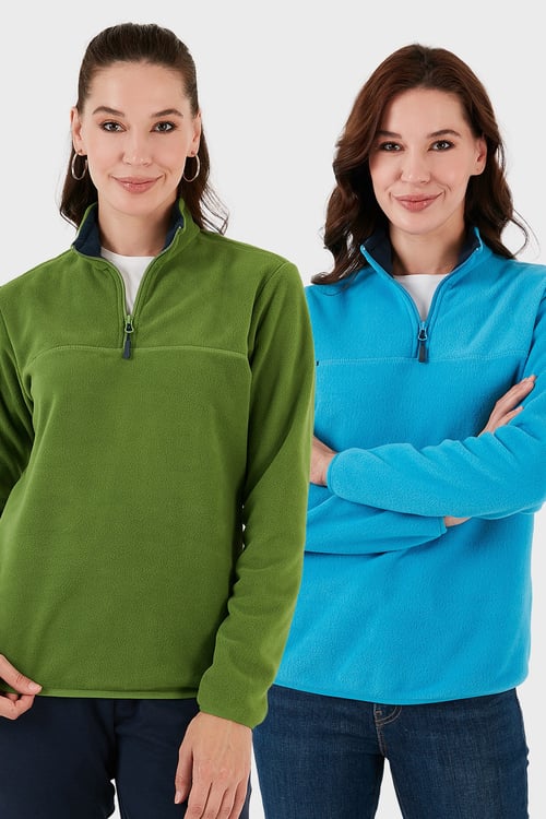 Slim Fit Yumuşak Dokulu Anti-Pilling Tüylenme Yapmayan 2'li Paket Kadın Polar 5907000S2 Fıstık Yeşil-Turkuaz
