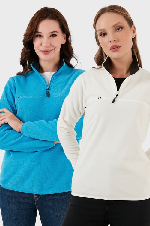 Slim Fit Yumuşak Dokulu Anti-Pilling Tüylenme Yapmayan 2'li Paket Kadın Polar 5907000S2 EKRU-TURKUAZ