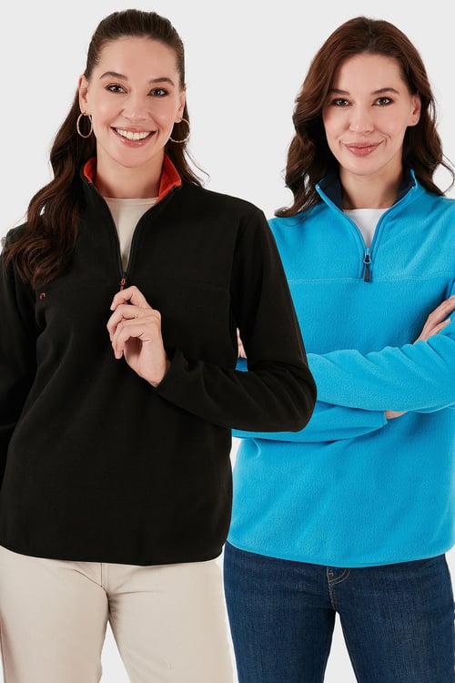 Slim Fit Yumuşak Dokulu Anti-Pilling Tüylenme Yapmayan 2'li Paket Kadın Polar 5907000S2 SİYAH-TURKUAZ